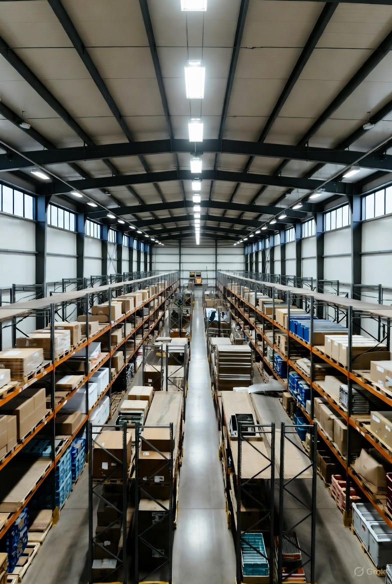 Luftfoto af stort lager med højt til loftet, sorte stålreoler fyldt med pakkede varer og bred midtergang