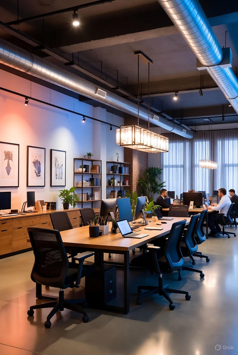 Et rummeligt åbent kontormiljø i moderne loftstil med blottet betonsloft og sølvfarvede ventilationsrør. Flere medarbejdere arbejder ved lange fælles træborde udstyret med iMacs, bærbare computere og sorte ergonomiske stole. Varme pendellamper blandes med farvede accentlys, murstensdetaljer, masser af grønne planter og indrammet kunst skaber et stilfuldt og funktionelt kreativt arbejdsmiljø.