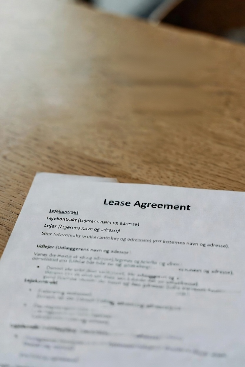 Nærbillede af en lejekontrakt (Lease Agreement) med danske felter som lejer og udlejer, liggende på et træbord, let ude af fokus.