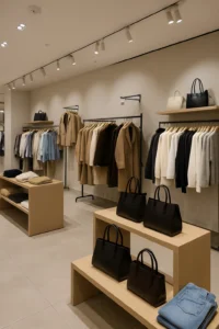 Lyst og moderne butikslokale med tøj i neutrale farver på stativer, sorte og lyse håndtasker på træborde samt sammenfoldede jeans og trøjer.